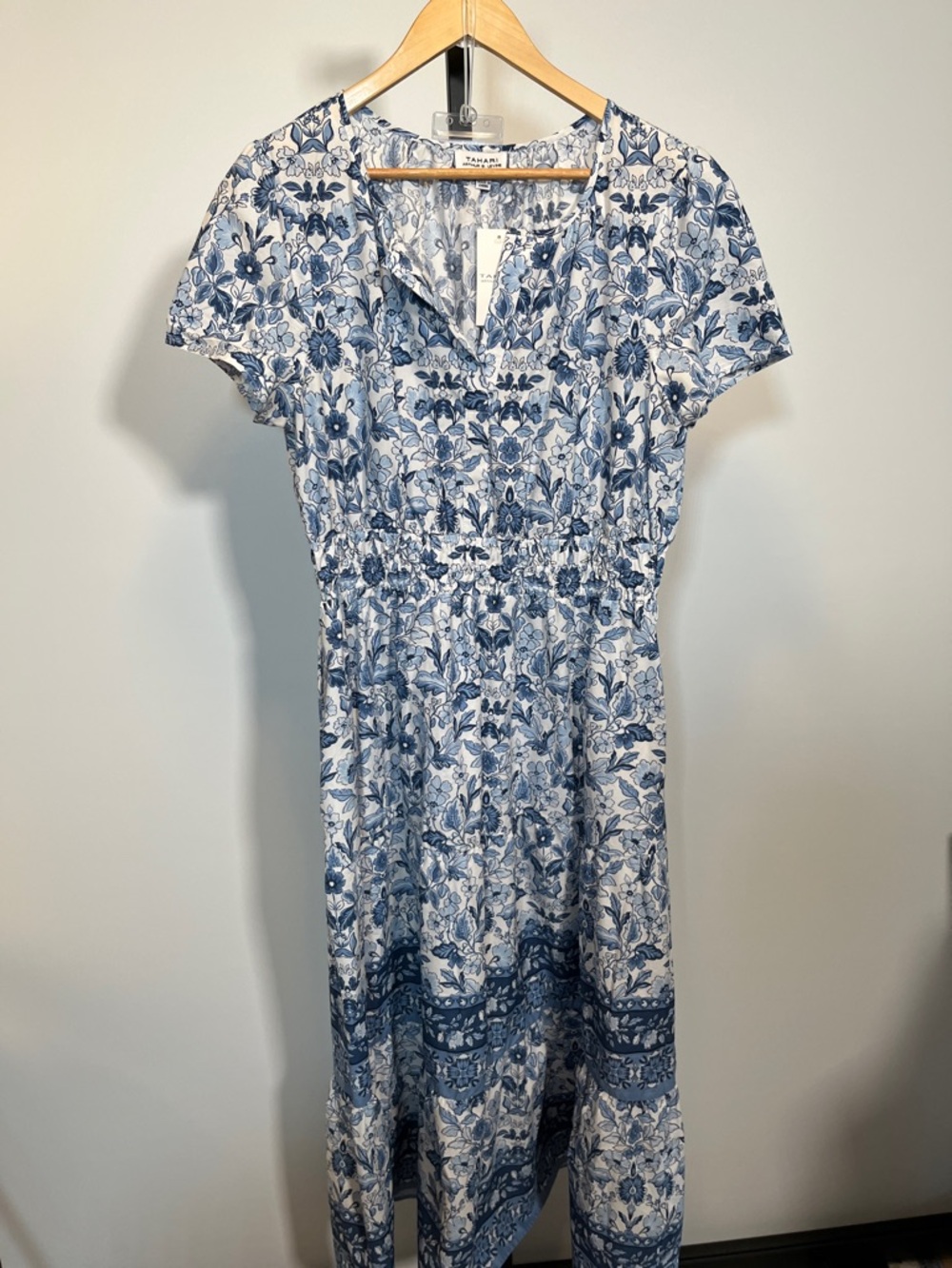 Tahari Blue Floral Short-Sleeve Maxi Dress